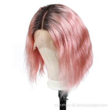 100% Brazilian Virgin Remy Human Hair Coloured Ombre Pink Short Body Wave Curly Blunt Cut Lace Front Bob Wig